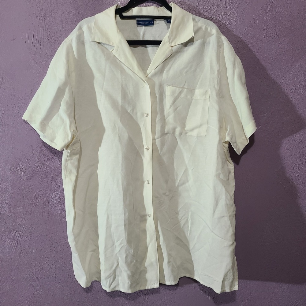 Karen Scott II Button Up Shirt Womens 2X Cream Linen Blend Short Sleeve Blouse‎